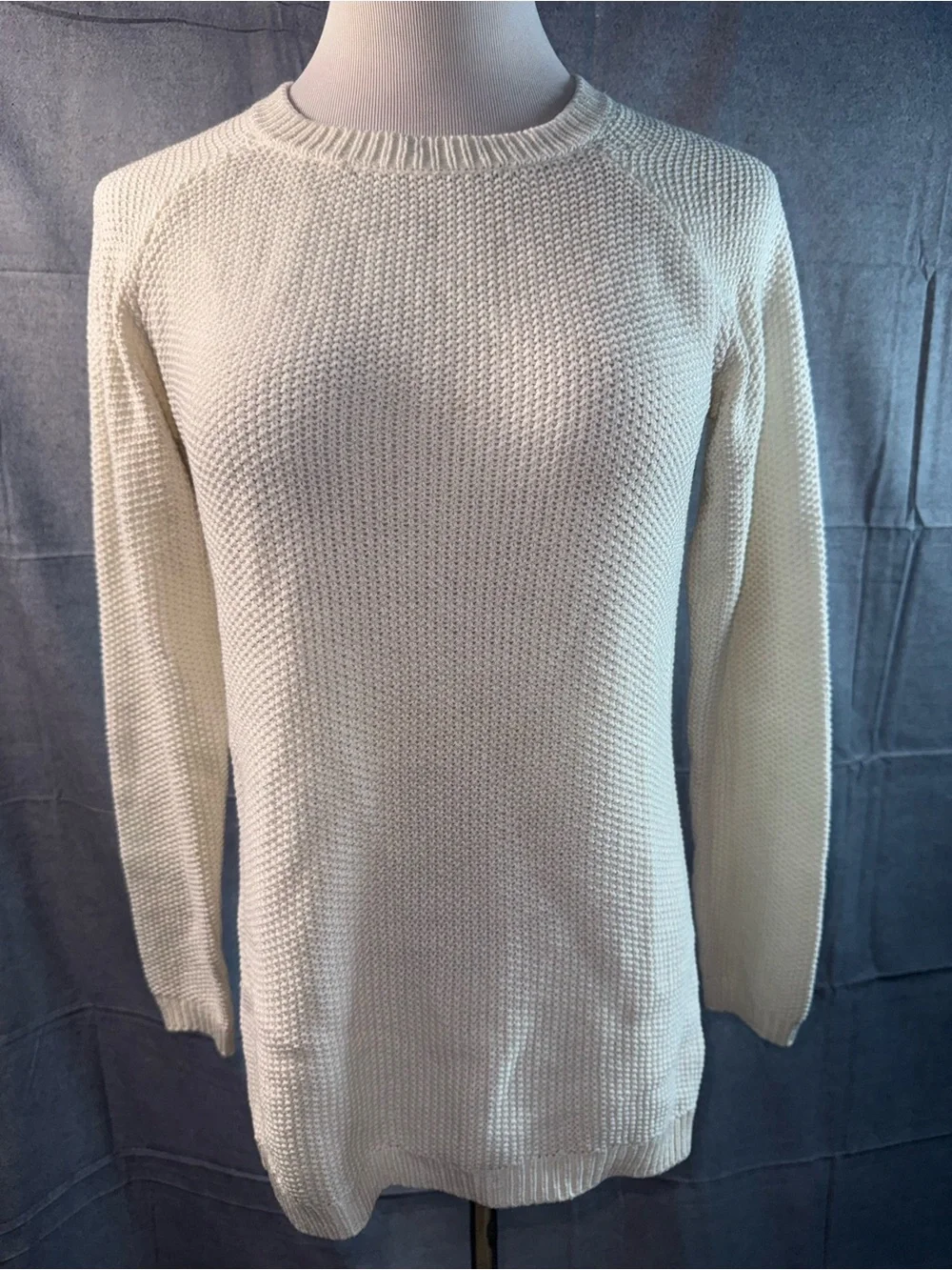 1356-Divided Cream Crewneck Sweater - Textured Knit Pullover